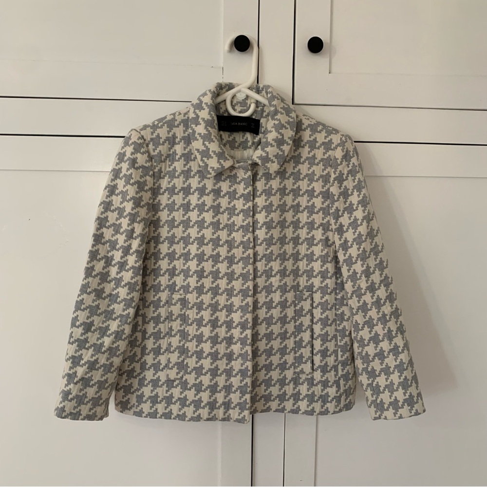 Zara Cream Baby Blue Houndstooth Crop Jacket Size Medium - Picture 2 of 12